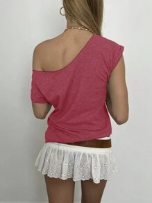 INAWLY 1st Dam Enkel Enfärgad T-shirt med asymmetrisk krage, Casual Grafiska T-shirts Dam Toppar - Röd - Visa 2