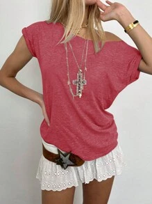 INAWLY 1st Dam Enkel Enfärgad T-shirt med asymmetrisk krage, Casual Grafiska T-shirts Dam Toppar - Röd - Visa 5