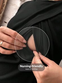 SHEIN Maternity Nursing Solid Wrap Front Tee - Black - View 7