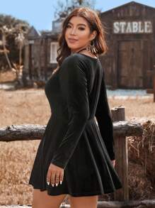 SHEIN VCAY Plus Size Casual Square Neck Long Sleeve Jumpsuit, Autumn - Black - View 2