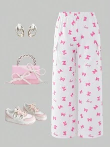 SHEIN Tween Girls Cute Bow Graphic Print Wide Leg Sweatpants, Loose & Fashionable Casual Style