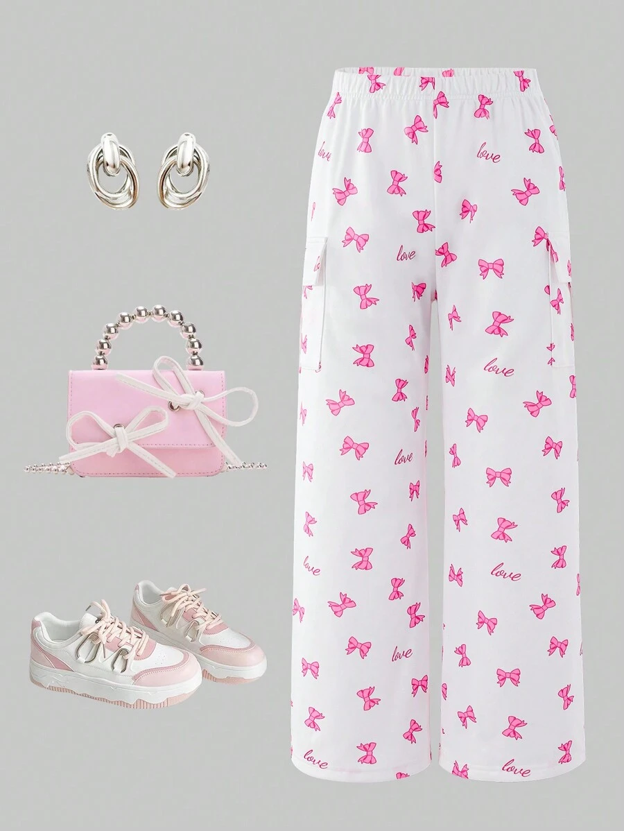 SHEIN Tween Girls Cute Bow Graphic Print Wide Leg Sweatpants, Loose & Fashionable Casual Style
