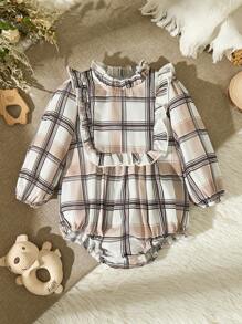 SHEIN Baby Girl Flounced Collar Long Sleeve Plaid Loose Comfy Romper, Korean Style