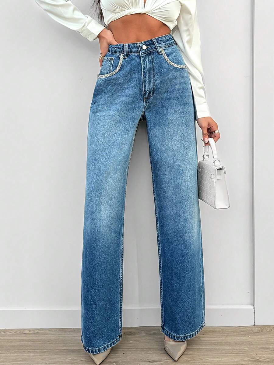 RueChic Women Button Front Pocket Simple Design Casual Denim Jeans - Medium Wash - View 1