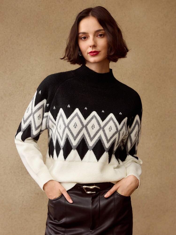 ARGYLE PATTERN MOCK NECK RAGLAN SLEEVE SWEATER