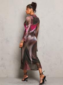 Glamine Mesh Abstract Flowers Print Asymmetric Neck Tie Long Sleeve Midi Dress Dress,Elegant Outfit For Daily Dates, Clubbing, Party And Christmas,New Years Events Dress,Autumn/Winter Clothes For Women