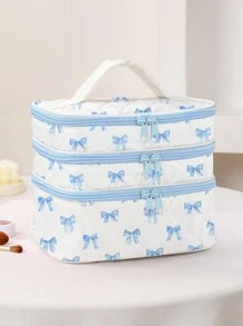 Marina Oliveira 艺术家淡蓝色蝴蝶结图案时尚卡哇伊可爱 3 层化妆包，用于收纳，方形化妆包，适合节日、新年、情人节 - 彩色 - 查看 4