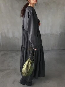 FRIFUL Women Round Neck Long Sleeve Pleated Minimalist Mid-Length Casual Dress,Fall Clothes