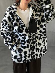 FRIFUL Áo khoác nữ tay dài màu trơn có khóa kéo phía trước, túi vá đơn giản, họa tiết da báo, quần áo mùa thu cho nữ, áo khoác nữ họa tiết da báo - Đen và trắng - Xem 3