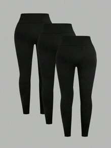 SHEIN CURVE+ 3 条装女士加大码紧身裤，舒适顺滑，适合瑜伽、健身、骑行和日常穿着 - 黑色 - 查看 2