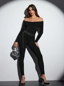 Daniela Ricciardelli Designer Women Solid Off-Shoulder Jumpsuit Outfit, Slim Fit, Casual For Daily Wear, For Party, Holiday, Vacation, Spring, Beach, Festival, Ibiza Fits