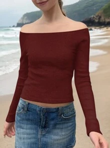 SHEIN EZwear 女士露肩长袖 T 恤，休闲，秋季