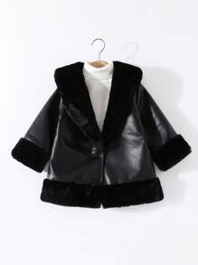 Fetă tânără Jachetă de exterior, elegantă, caldă, cu guler pufos, design cu talie strânsă, potrivită pentru petrecere, aniversare, Crăciun, eveniment de Anul Nou, piele PU neagră, toamnă/iarnă