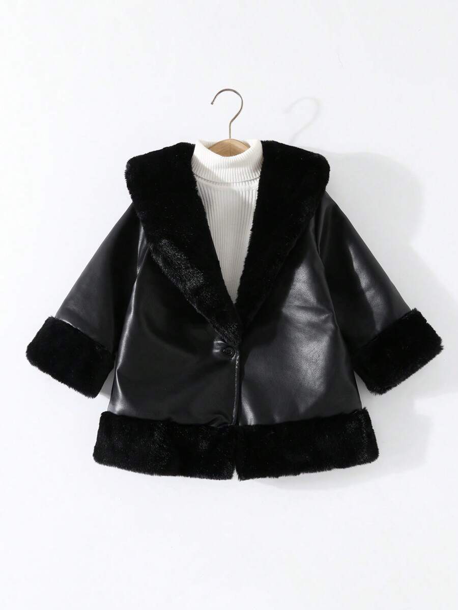 Fetă tânără Jachetă de exterior, elegantă, caldă, cu guler pufos, design cu talie strânsă, potrivită pentru petrecere, aniversare, Crăciun, eveniment de Anul Nou, piele PU neagră, toamnă/iarnă