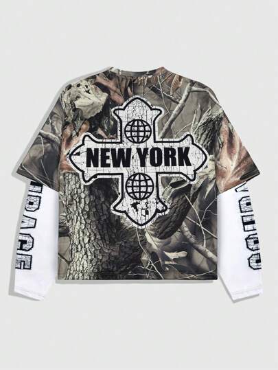 Street Life Men's Color Block Patchwork Print Long Sleeve T-Shirt