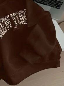 SHEIN EZwear 休闲简约豹纹纽约口号图案圆领长袖厚宽松运动衫女士秋冬季秋季服装 - 咖啡棕 - 查看 4