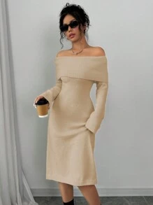 Selianne Váy len dài tay hở vai, viền chữ A, màu be ấm áp cho nữ, mùa thu/đông - Màu be - Xem 3