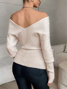 SHEIN Privé Women Apricot Color Cable Knit V-Neck Long Sleeve Sweater Top - Apricot - View 2