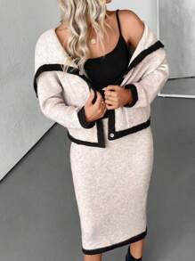 Chiquease Set de 2 piezas para mujer: Elegante cárdigan con ribete de contraste de color + Suéter y falda de punto, otoño/invierno