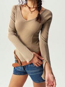 Bohemela 1 件女式纯色修身甜心领长袖休闲 T 恤 - 棕色 - 查看 3