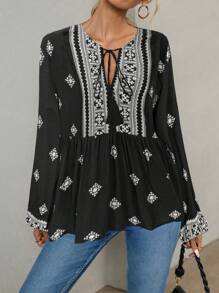 EMERY ROSE Women All-Over Print Casual Vacation Long Sleeve Blouse Peplum Top Fall Cloth For Women - Black - View 3