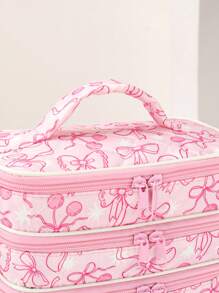 Ashley Baxter Bolsa de cosméticos kawaii con diseño de arco y cereza, de 3 capas, con forma cuadrada, ideal para vacaciones, Año Nuevo, Día de San Valentín
