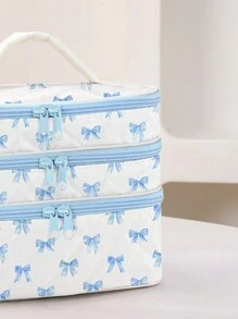 Marina Oliveira 艺术家淡蓝色蝴蝶结图案时尚卡哇伊可爱 3 层化妆包，用于收纳，方形化妆包，适合节日、新年、情人节 - 彩色 - 查看 3