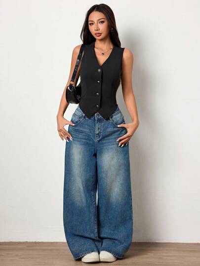 SHEIN Unity Casual Solid Color Knitted V-Neck Sleeveless Fitted Ladies Vest In Fall/Winter