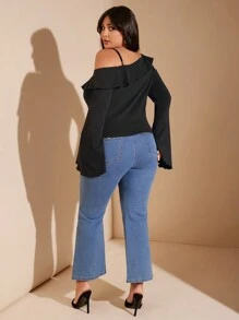 SHEIN BAE Plus Size Women's Black Asymmetrical Neck Ruffled Neckline Flared Long-Sleeved Spaghetti Strap Top Suitable For Commuting And Sweet Dating Outfit Plus Size Fall Clothesoing Out Spaghetti Strap Tops Women Long Sleeve Plus Size Shirts Women Long Sleeve Spaghetti Strap Top Christmas Women Clothes Thanksgiving Shirt Women Plus Clothing Christmas Women Plus Clothing Fall Plus Size Teacher Ladies Christmas Spaghetti Strap Top Business Casual Woman