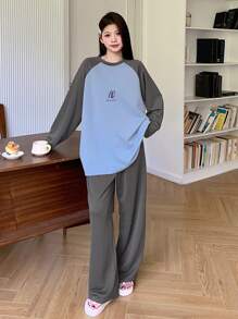 DAZY Crew Neck Color Block Raglan Sleeve Letter Print Top And Loose Pants Pajama Set, Fall Clothes - Blue - View 6