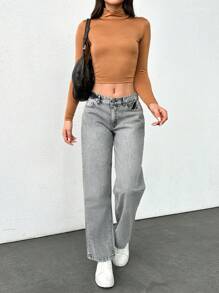 Cottnline LIGHT GREY WIDE LEG LOW WAIST Y2K STYLE JEAN - Light Grey - View 5