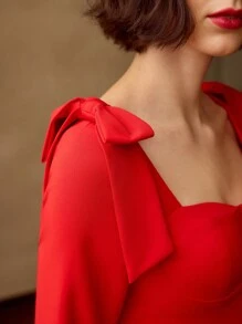 MOTF PREMIUM Vestido ceñido bustier de escote corazón con lazo en los hombros, sin cinturón - Rojo - Ver 3