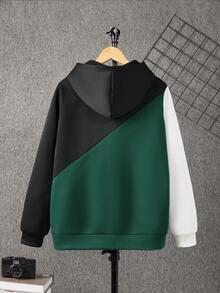 SHEIN Sudadera con capucha con estampado gráfico de bloqueo de color, cómoda y versátil, para adolescentes - Verde Oscuro - Ver 2