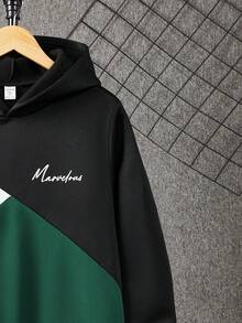 SHEIN Sudadera con capucha con estampado gráfico de bloqueo de color, cómoda y versátil, para adolescentes - Verde Oscuro - Ver 6