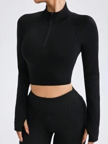 Gameset SHEIN Sport Seamless Cropped Mock Neck Thumbhole Workout Sweatshirt In Black - Black - View 8