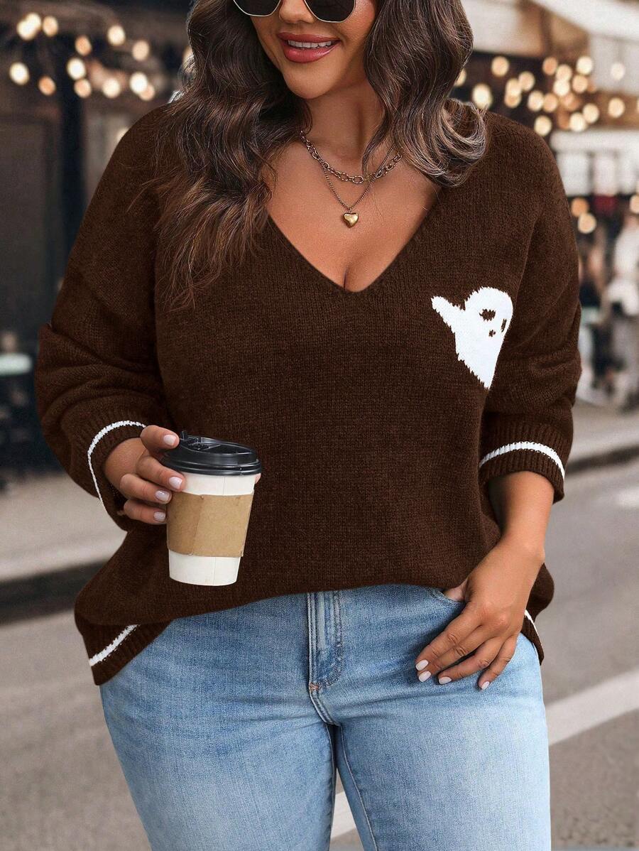 SHEIN LUNE Áo len họa tiết hoạt hình thường ngày cỡ lớn cho nữ, mùa thu/đông - Cà phê nâu - Xem 1
