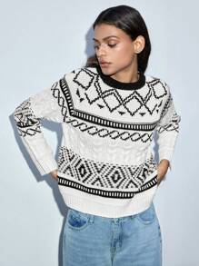 Maija Women's Christmas Season Black & White Pattern Twist Knit Warm Feeling Loose Pullover Sweater, Autumn/Winter - Black and White - View 1