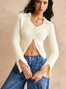 Poéselle Yellow Faux Mink Fleece Cardigan Long Sleeve Short Split Wool Sweater, Beige Sweater, Cute Sweater, Fuzzy Sweater, Fairy Core, V Neck Long Sleeve, Yellow Knit Top, Effortless Chic Essential FW24, Fall Women's Clothing, Women's Short Sweaters, FW24 Autumn/Winter