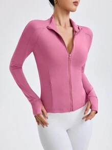 Easithlete Áo khoác thể thao thường ngày dài tay khóa kéo phía trước màu trơn cho nữ, mặc hàng ngày - Màu tím - Xem 5