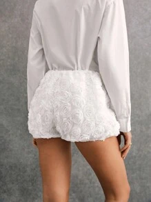 Poéselle Women's Solid Color Floral 3D Decor Loose Shorts,White Flower,Summer,Elegant,Tea Party,Simple Fashion,Commute,Banquet,Party And Other Occasions Wear - White - View 2