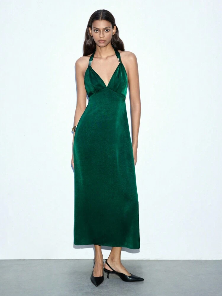 SHEIN Maija Abito lungo donna a-line con vita stretta, scollo a v, texture solida turchese. Con decorazione in metallo all'incrocio del collo, laccio sulla schiena. Minimalista, adatto per feste e Natale