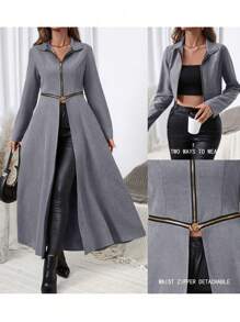 SHEIN Clasi 长款拉链前开襟插肩袖修腰两用夹克 - 灰色 - 查看 5