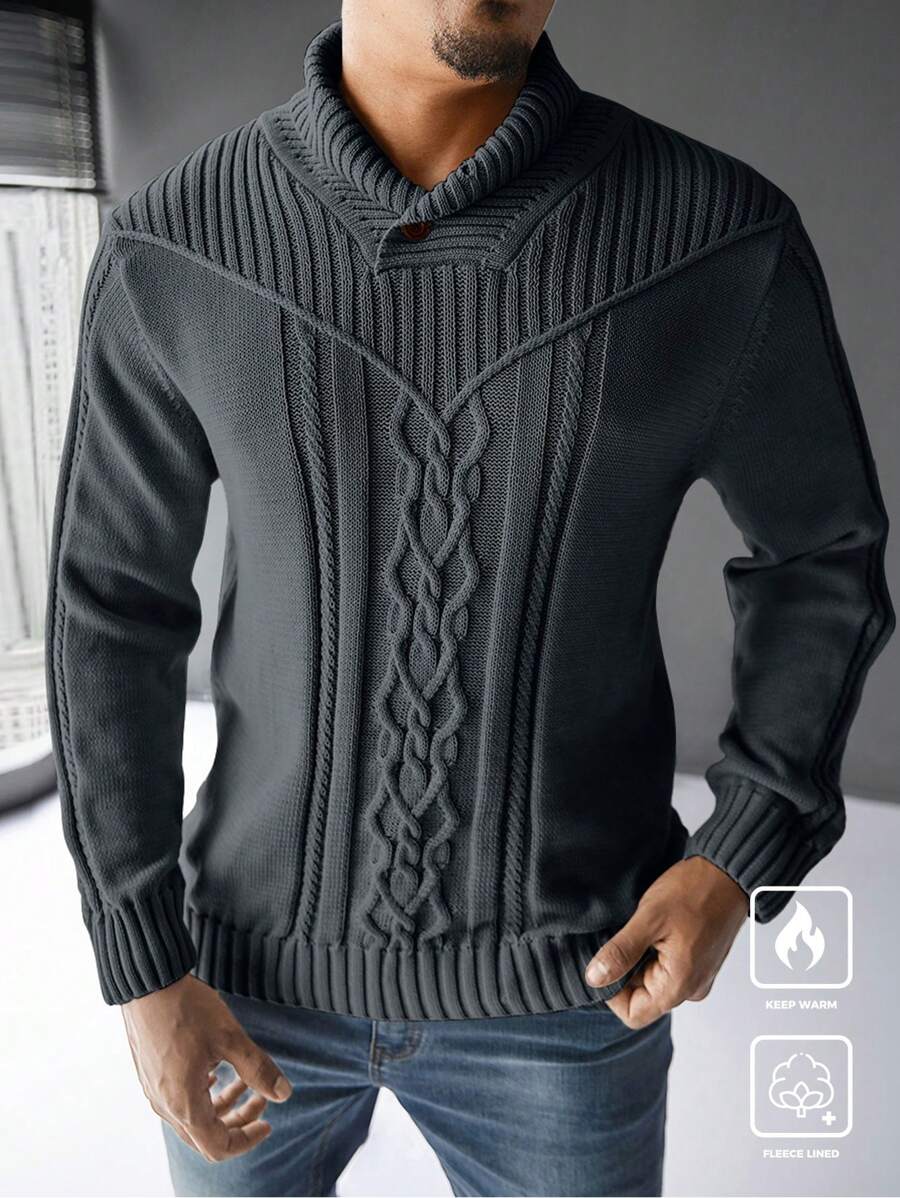 Manfinity Homme 大码男士纯色高领长袖简约毛衣，休闲日常穿着男士冬季毛衣男士毛衣冬季男士冬季毛衣男士粗针织毛衣，男士披肩领毛衣，男士灰色毛衣，男士冬季毛衣，秋季 - 深灰色 - 查看 1