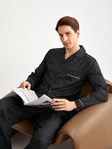 2pcs Casual Men Striped Front Button Long Sleeve Top & Pants Loungewear Set