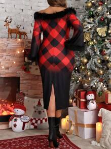 SHEIN Clasi 圣诞节大码女式蓬松拼接露肩喇叭袖修身优雅连衣裙秋季 - 黑色 - 查看 2