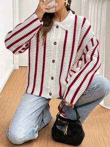 SHEIN Frenchy Women Button Down Collar Long Sleeve Striped Cardigan, Casual Everyday Wear,Red Christmas ,Christmas Clothes,Christmas Top,Festival Clothes