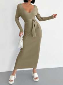 EURMUSE Vestido suéter feminino de cor sólida com decote em V e design torcido, elegante e justo, manga comprida - Caqui - Ver 3