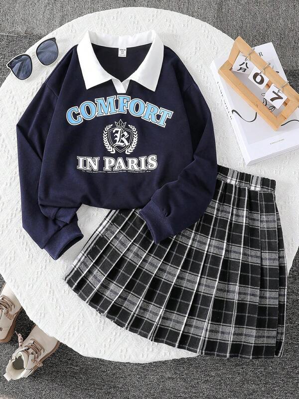 SHEIN 2pcs/Set Tween Girls Spring Autumn American School Style Striped Plaid Color Block Letter Print Sweatshirt And Pleated Mini Skirt, Casual School Outfit Recommendation