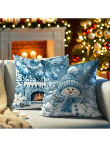 4 Paquetes de Fundas de Almohada Decorativas de Poliéster de Estilo Contemporáneo con Tema Navideño Invernal Azul con Diseños de Muñeco de Nieve, Árbol y Chimenea - Fundas de Cojín Decorativas Lavables a Máquina con Cremallera para Sala de Estar y Dormitorio - No incluye insertos