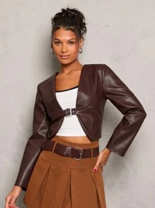 Glamine 1pc Women Casual Metal Buckle PU Leather Short Jacket, Autumn/Winter - Brown - View 5
